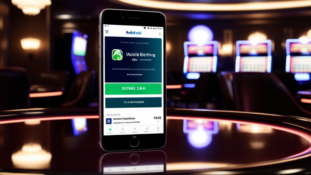 Smartphone zeigt eine mobile Downloadseite in dunkler Casino-Atmosphäre