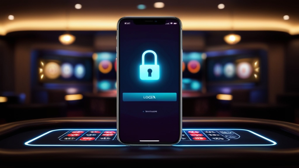Dunkle Casino-Lobby mit Login-Screen auf Smartphone und Schloss-Symbol