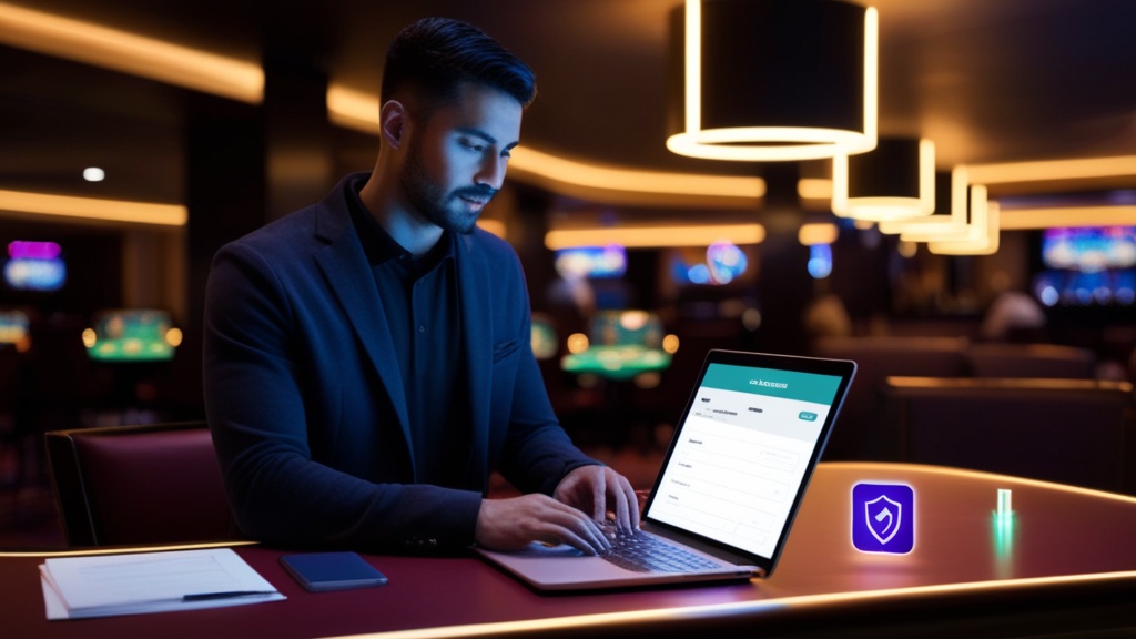 Spieler füllt Registrierungsformular am Laptop in dunkler Casino-Atmosphäre aus