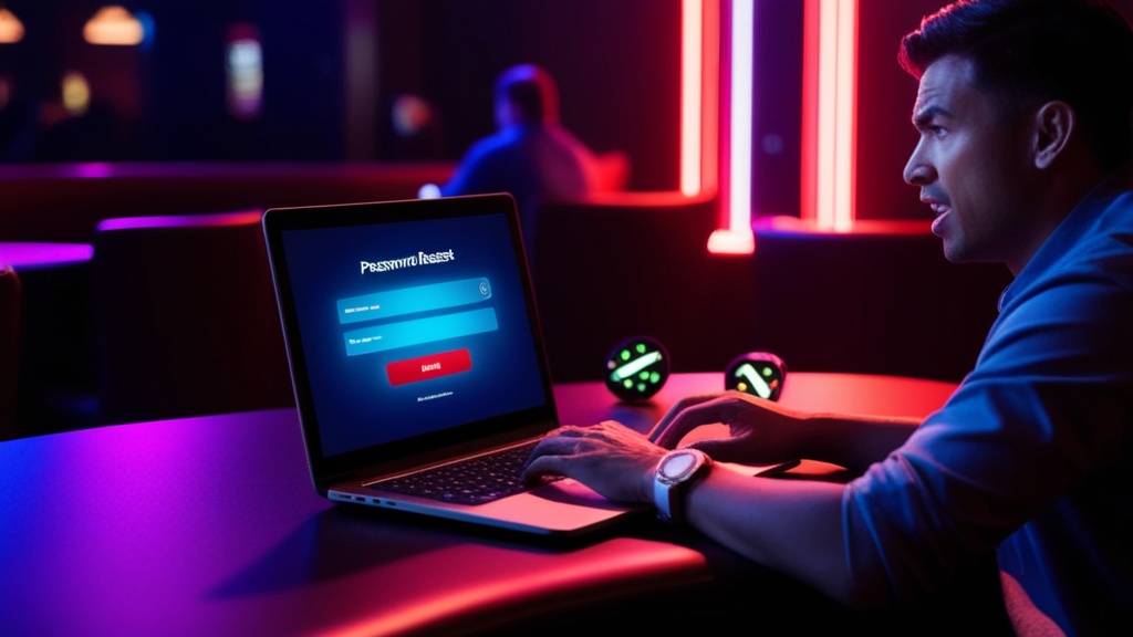 Frustrierter Spieler mit Login-Problem und Reset-Symbol im Casino-Loungebereich